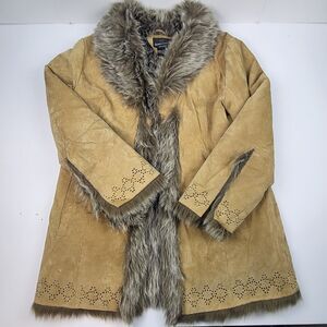 DB Studio Penny Lane Style Vintage Women's Coat Suede Leather Faux Fur Size L